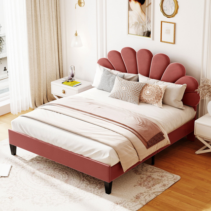 Upholstered platform bed with flower-patterned velvet headboard, elegant furniture piece in natural bedroom setting.