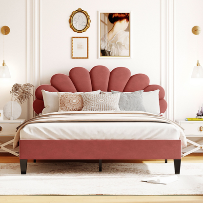 Upholstered platform bed with a flower pattern velvet headboard, elegant furniture design by Start2Finish.
