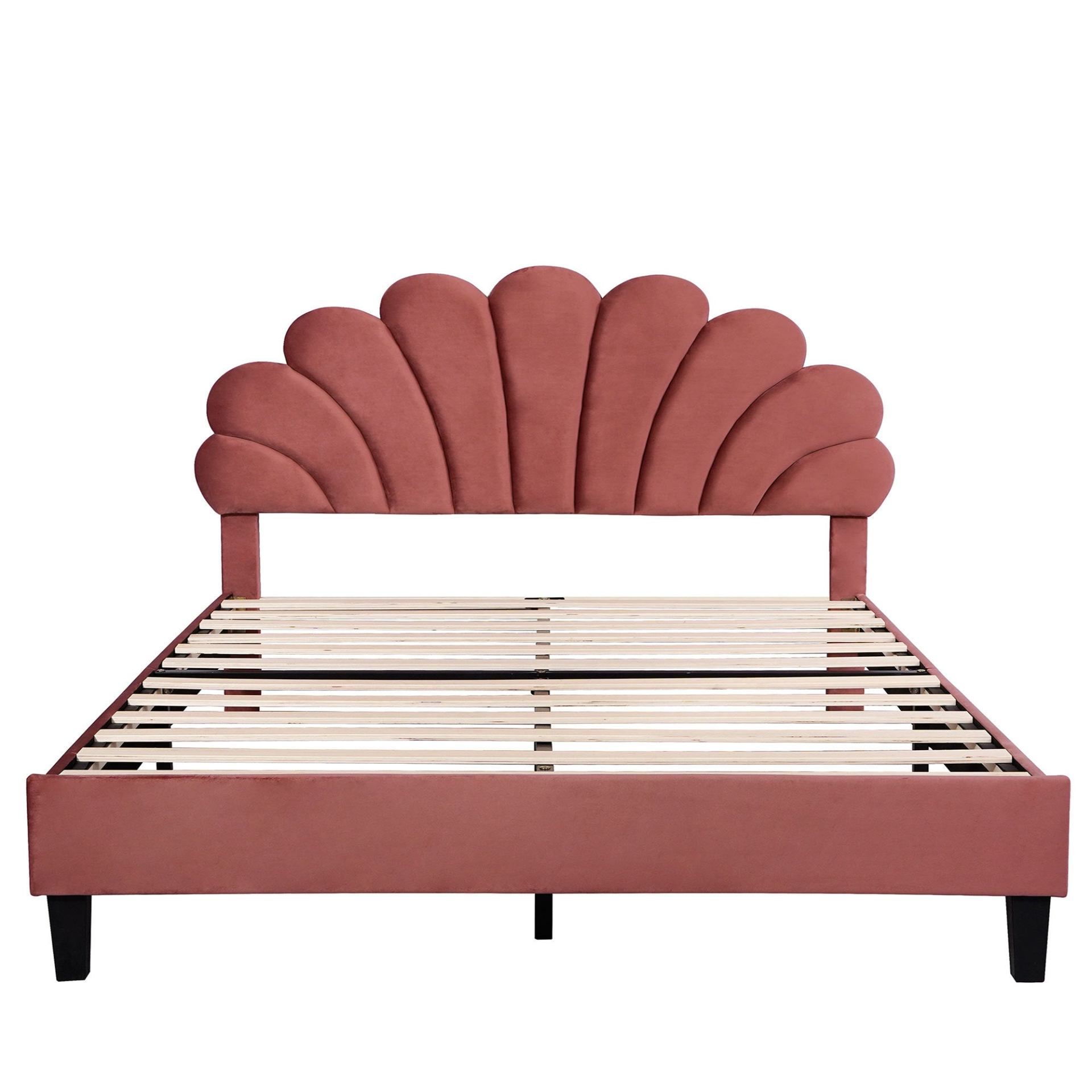 Upholstered platform bed with flower pattern velvet headboard and elegant design, showcasing stylish furniture by Start2Finish.