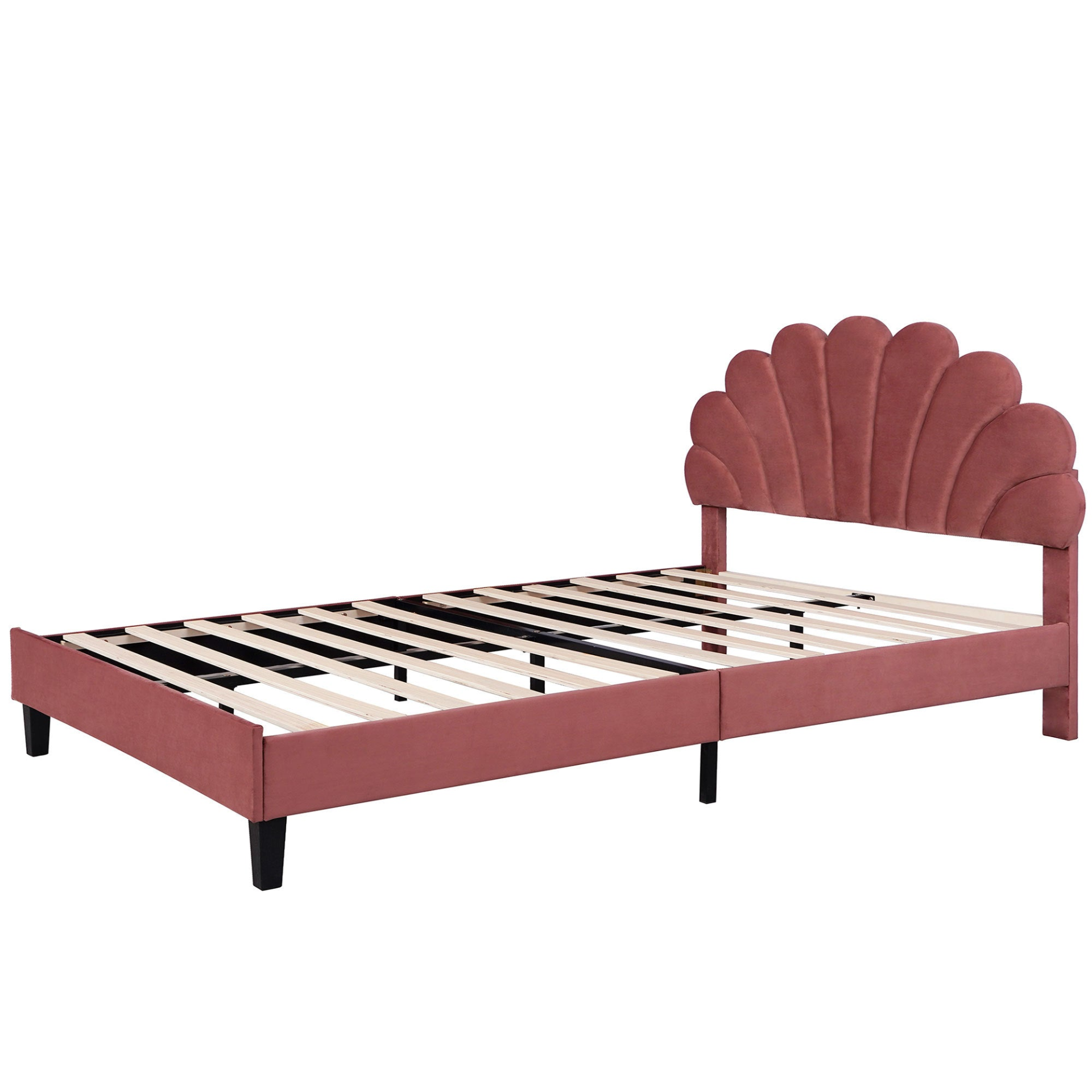 Upholstered platform bed with flower pattern velvet headboard, elegant bedroom furniture by Start2Finish.