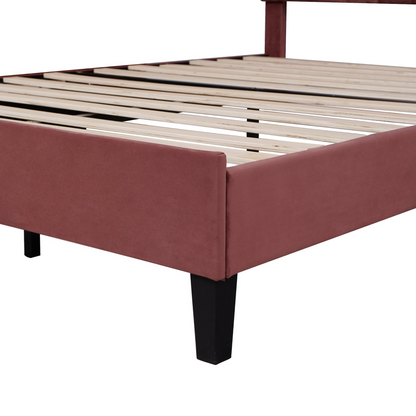Upholstered platform bed with flower pattern velvet headboard, elegant furniture design by Start2Finish.