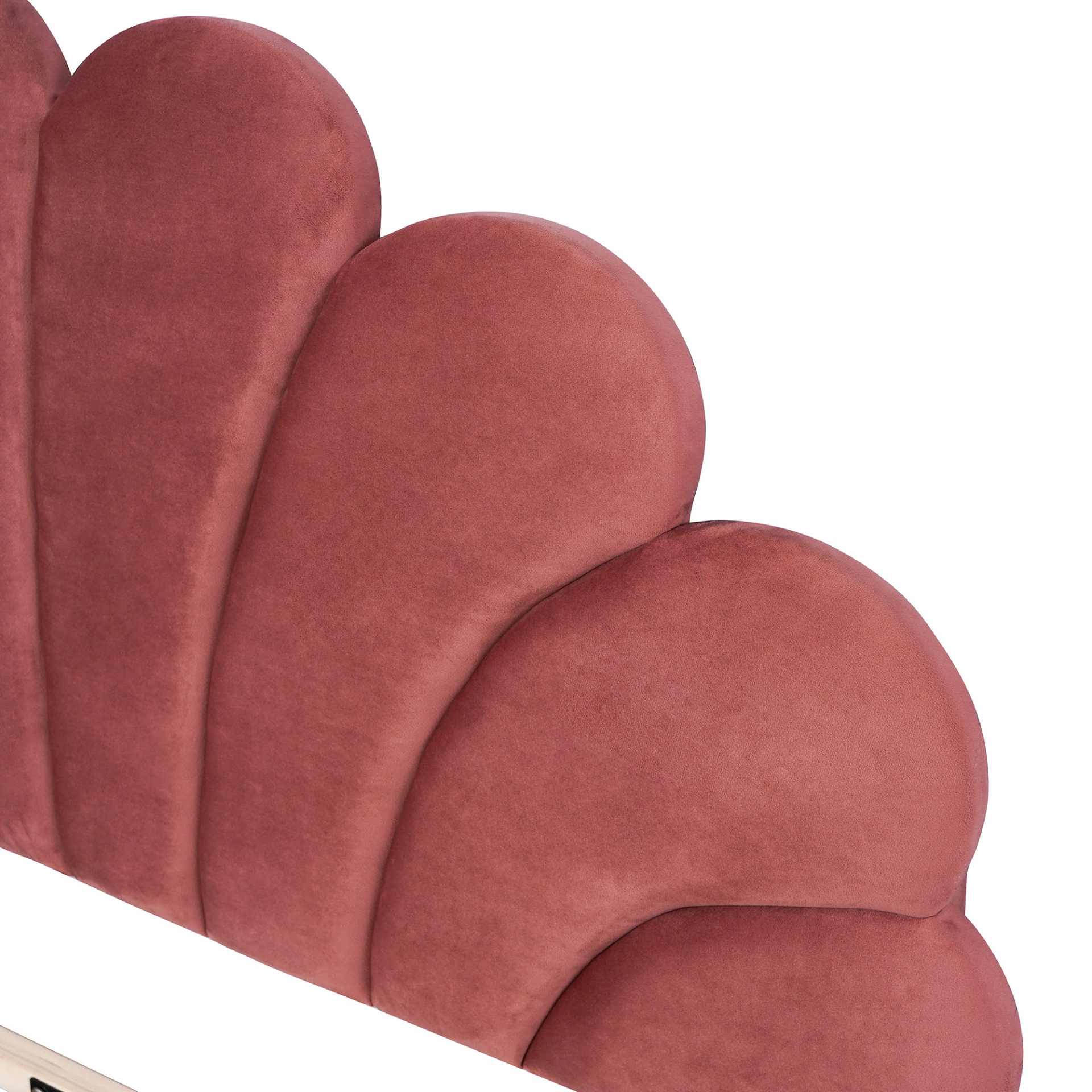 Upholstered platform bed with flower-patterned velvet headboard, elegant furniture piece by Start2Finish.