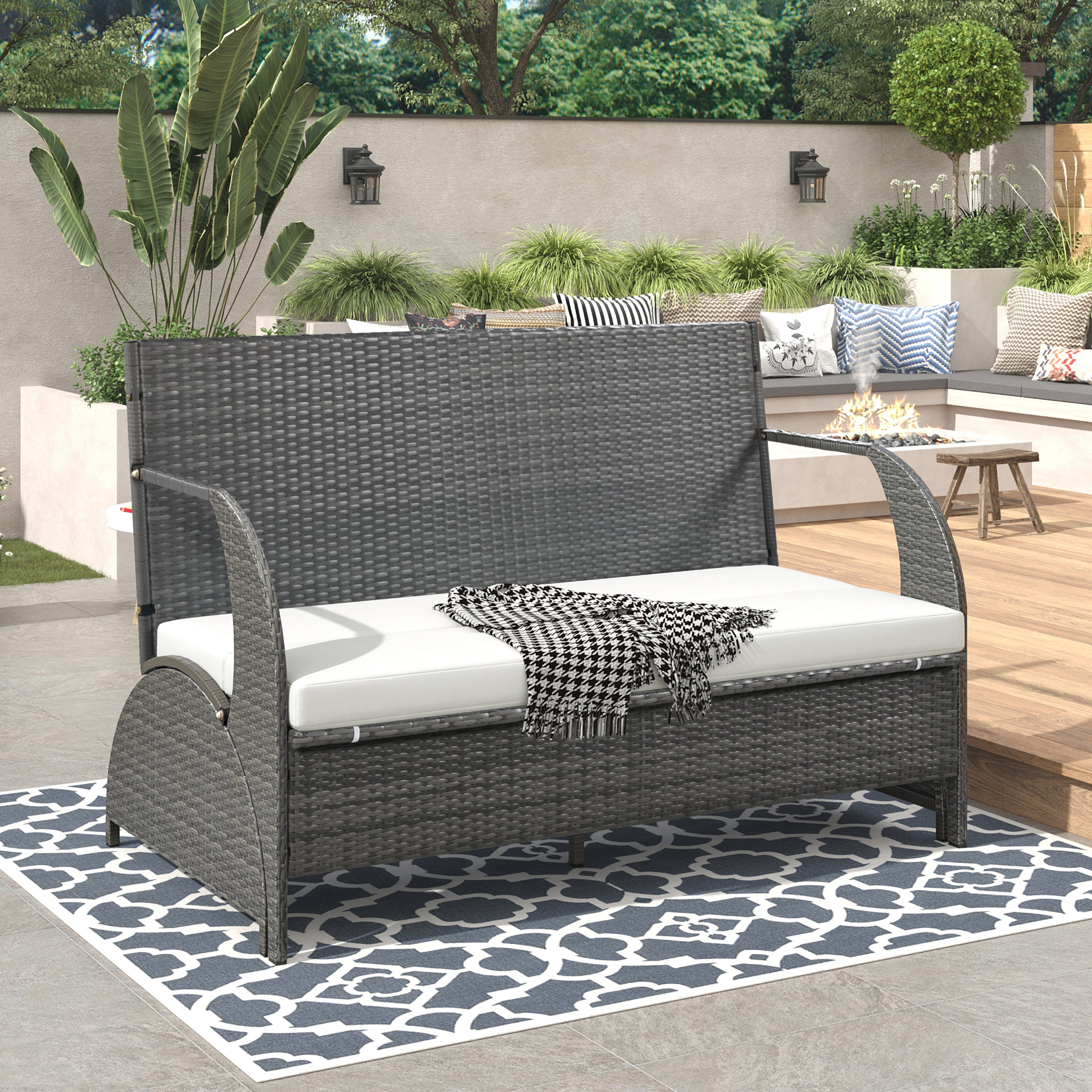 Start2Finish outdoor loveseat convertible to four seats with table, ideal for garden and lawn relaxation and outdoor entertaining.