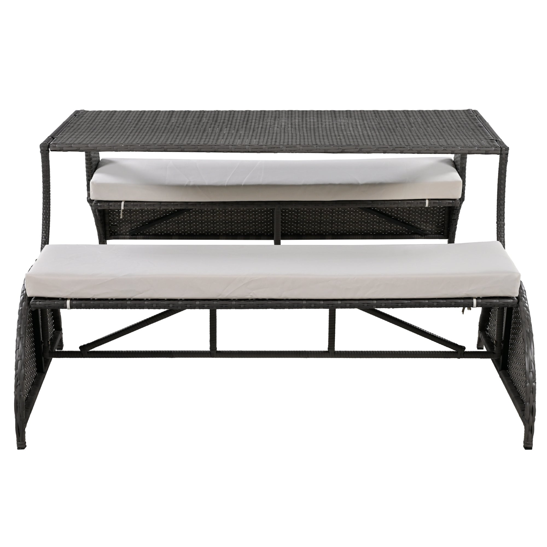 Start2Finish outdoor loveseat convertible to four seats and table, garden furniture with cushioned seating and sturdy frame.