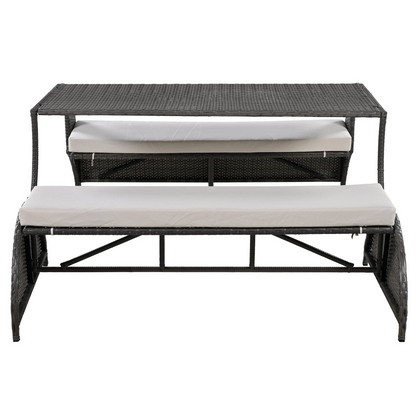 Start2Finish outdoor loveseat convertible to four seats and table, garden furniture with cushioned seating and sturdy frame.