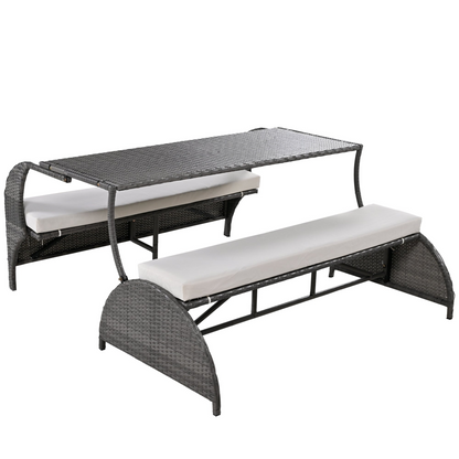 Start2Finish outdoor loveseat convertible to four seats with table, ideal for garden and lawn relaxation.