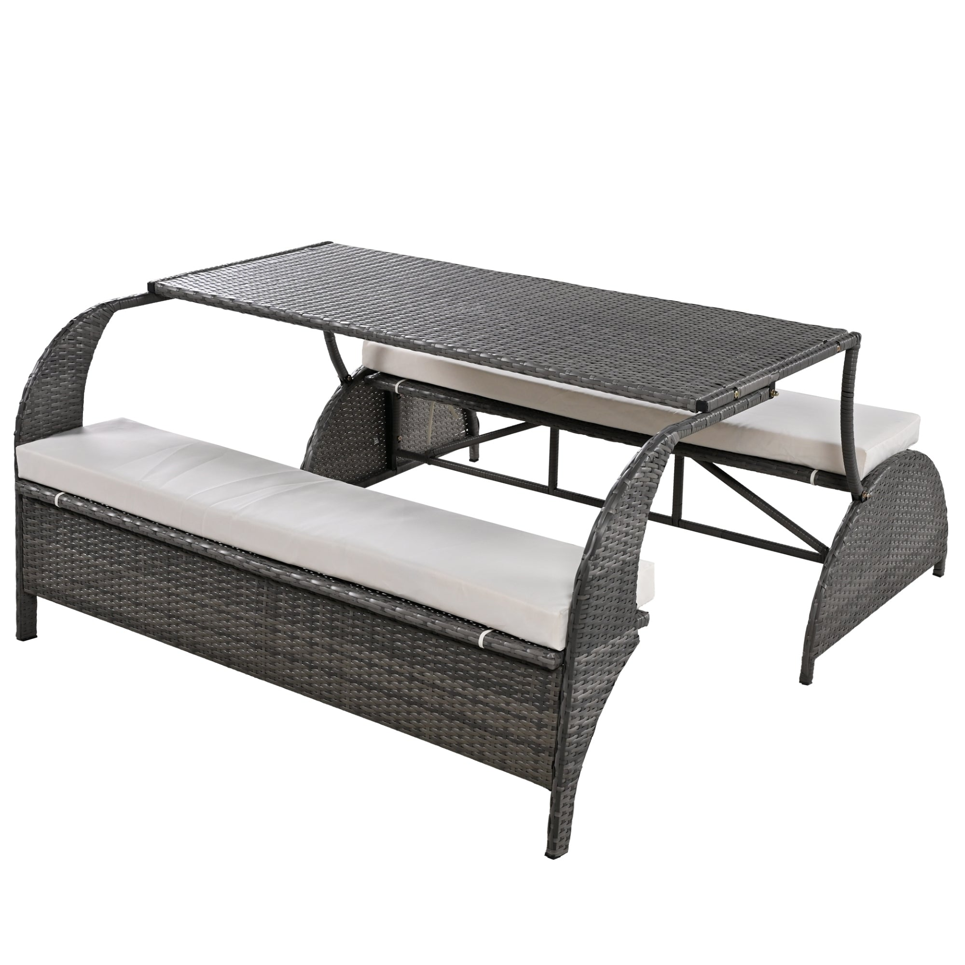 Start2Finish outdoor loveseat convertible to four seats and table, garden furniture set with cushioned seating and sturdy table.