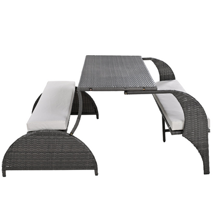 Start2Finish outdoor loveseat convertible to four seats with table, ideal for gardens and lawns, showing the versatile garden furniture.