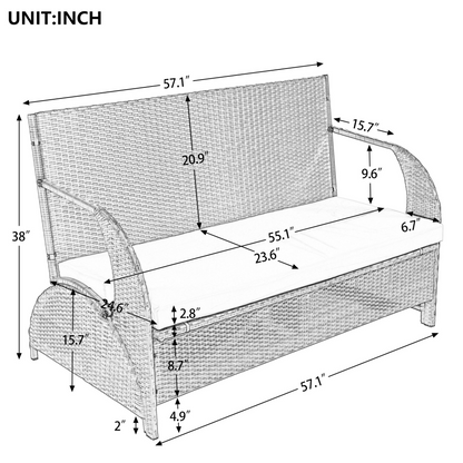 Start2Finish outdoor loveseat convertible to four seats and table, garden furniture with cushioned seating and a central table.