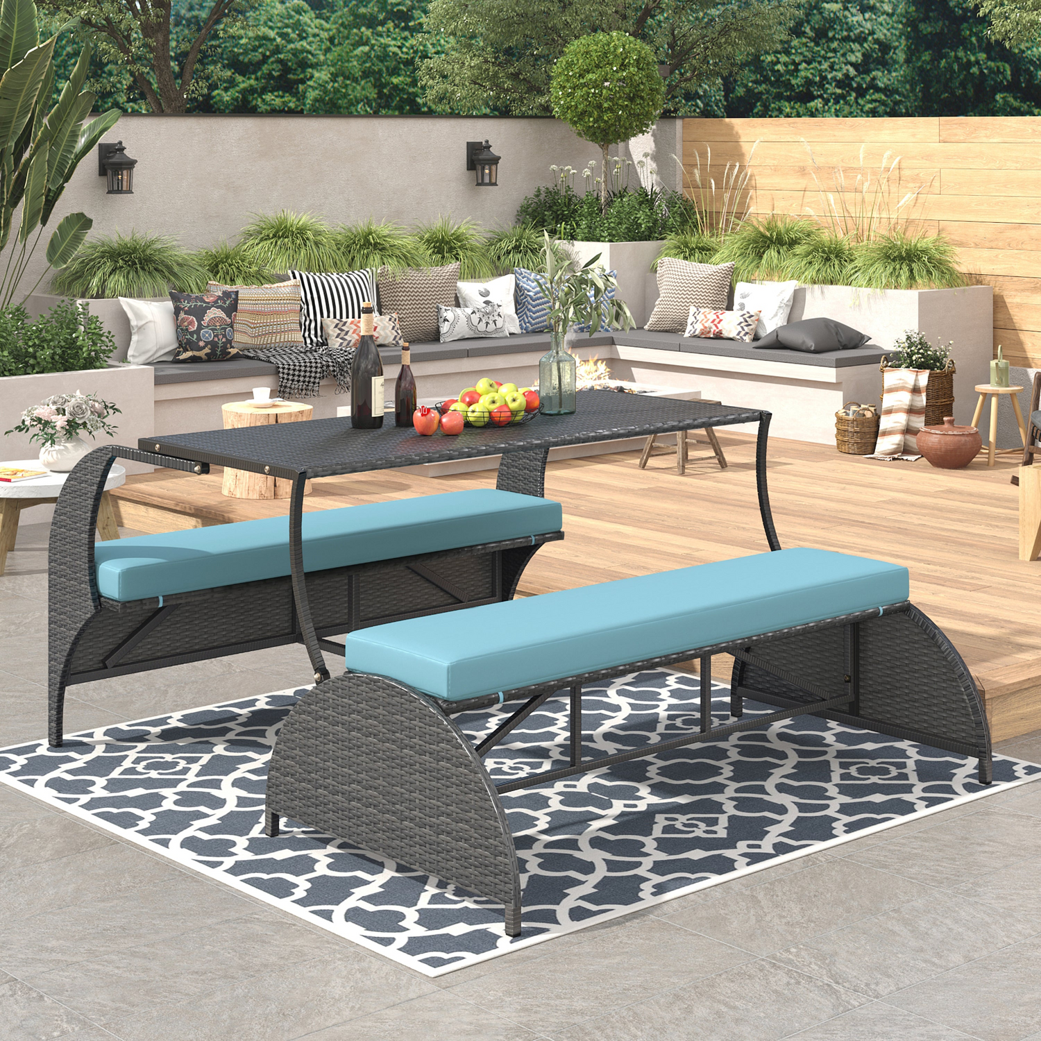 Start2Finish outdoor loveseat convertible to four seats with table, garden and lawn furniture, showing fabric cushions and wooden frame.