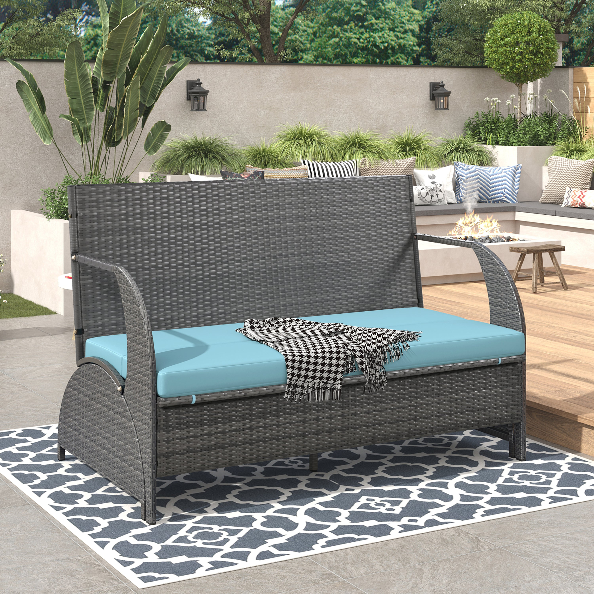Start2Finish outdoor loveseat convertible to four seats and table, garden furniture for lawns and outdoor spaces.
