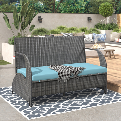 Start2Finish outdoor loveseat convertible to four seats and table, garden furniture for lawns and outdoor spaces.