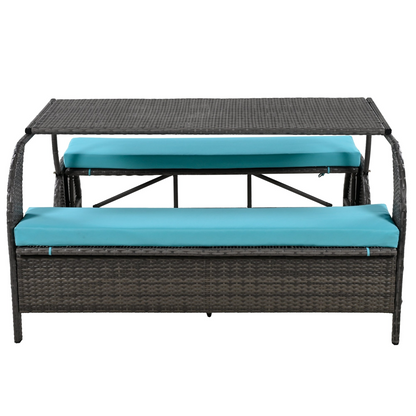 Start2Finish outdoor loveseat convertible to four seats and table, garden furniture with cushions and sturdy frame on lawn.