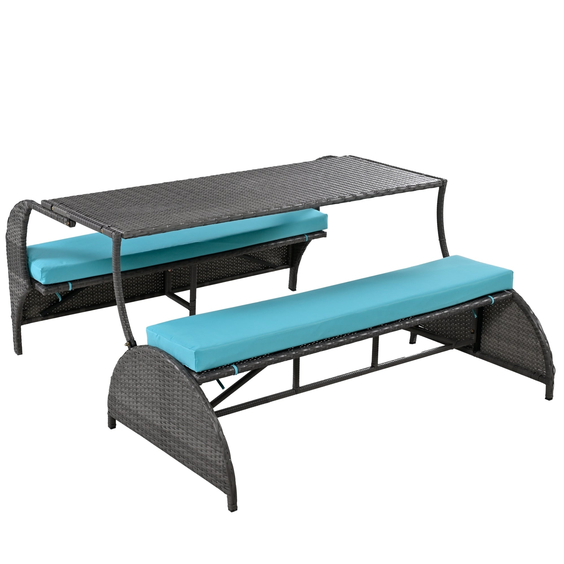 Start2Finish outdoor loveseat convertible to four-seat garden furniture with table, shown in a lush outdoor setting.