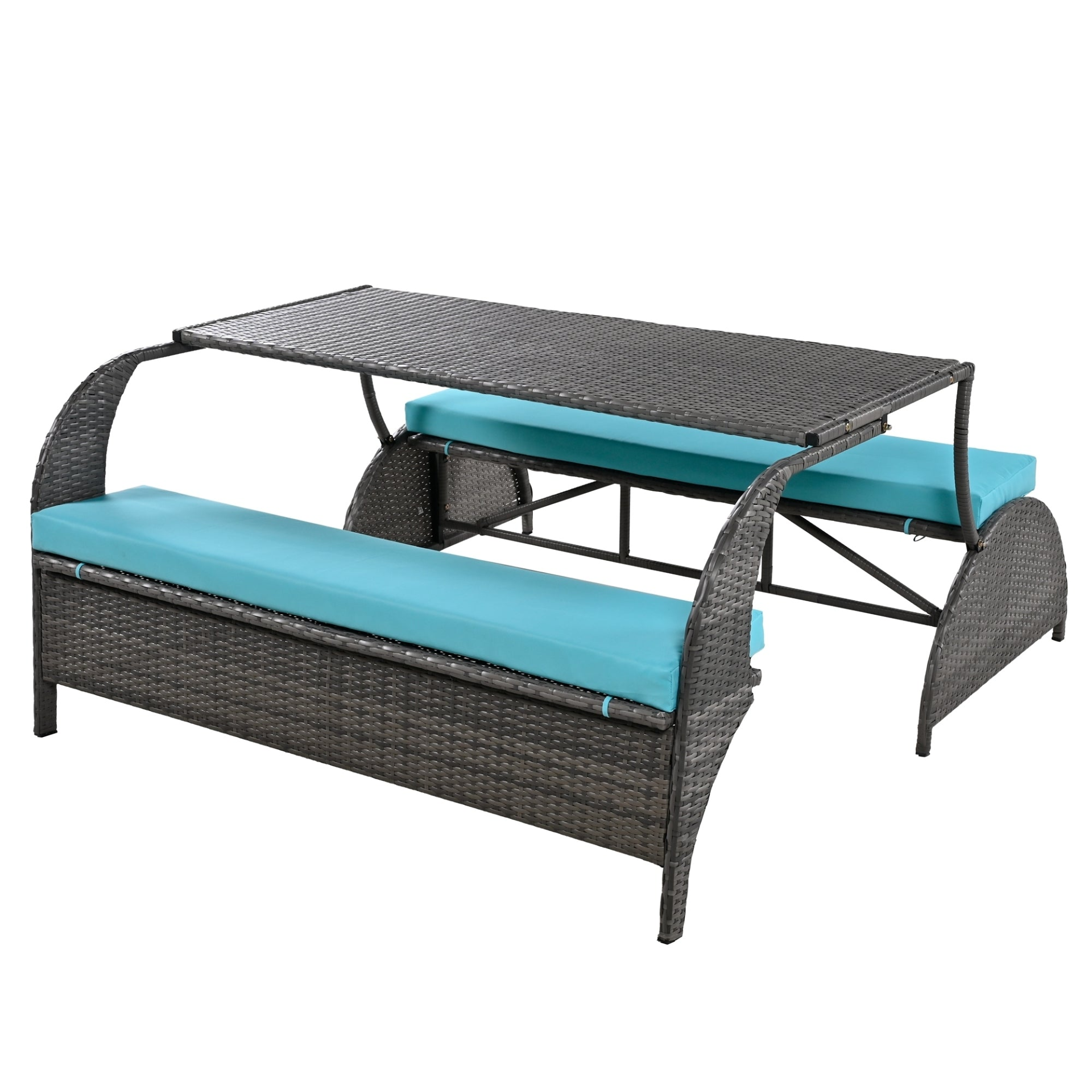 Start2Finish outdoor loveseat convertible to four seats and table, garden furniture with cushioned seating and sturdy frame.