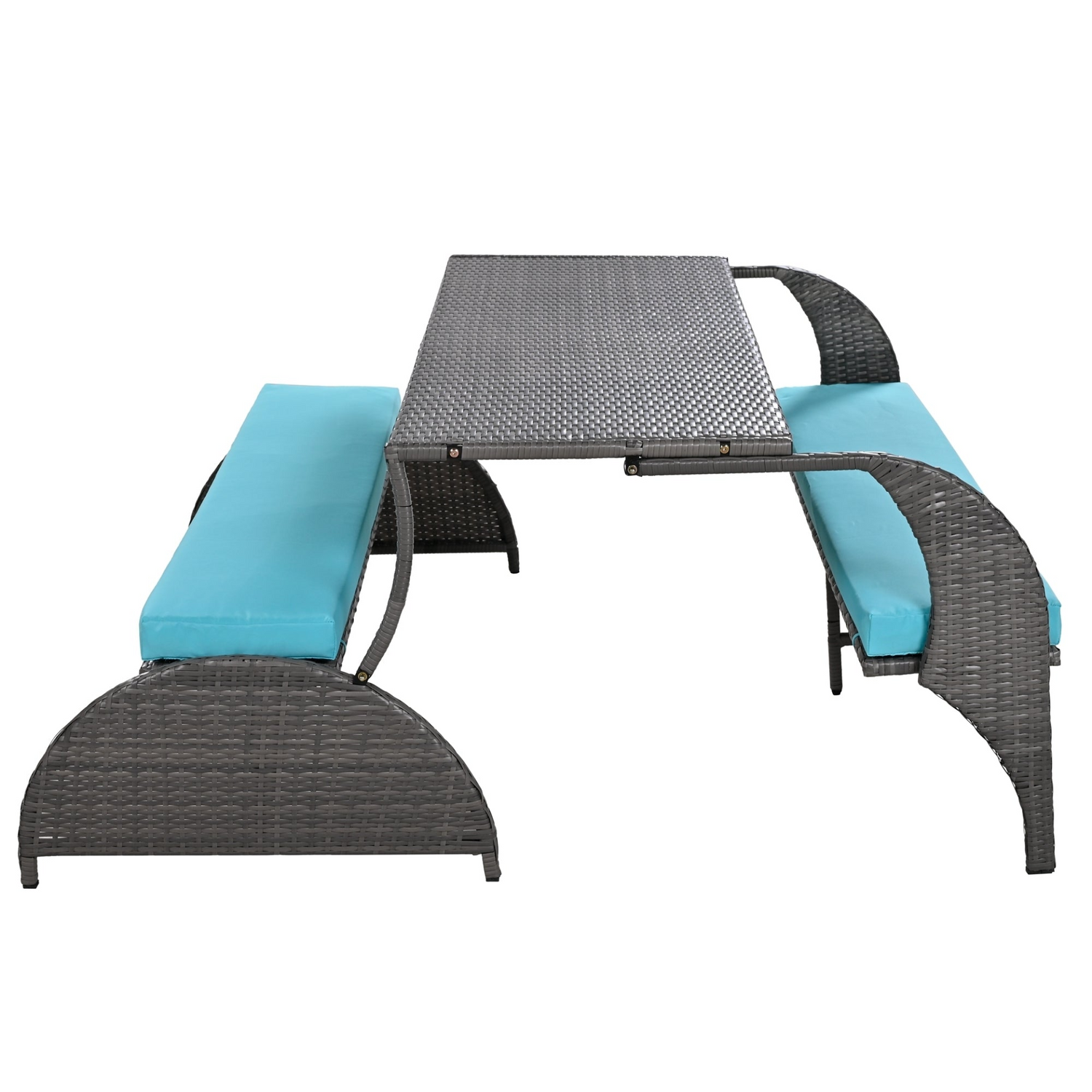 Start2Finish outdoor loveseat convertible to four seats and table, showing a stylish garden furniture setup with cushions and wooden frame.
