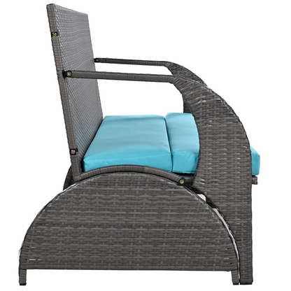 Start2Finish outdoor loveseat convertible to four seats and table, garden furniture with cushions and sturdy frame for garden or lawn use.