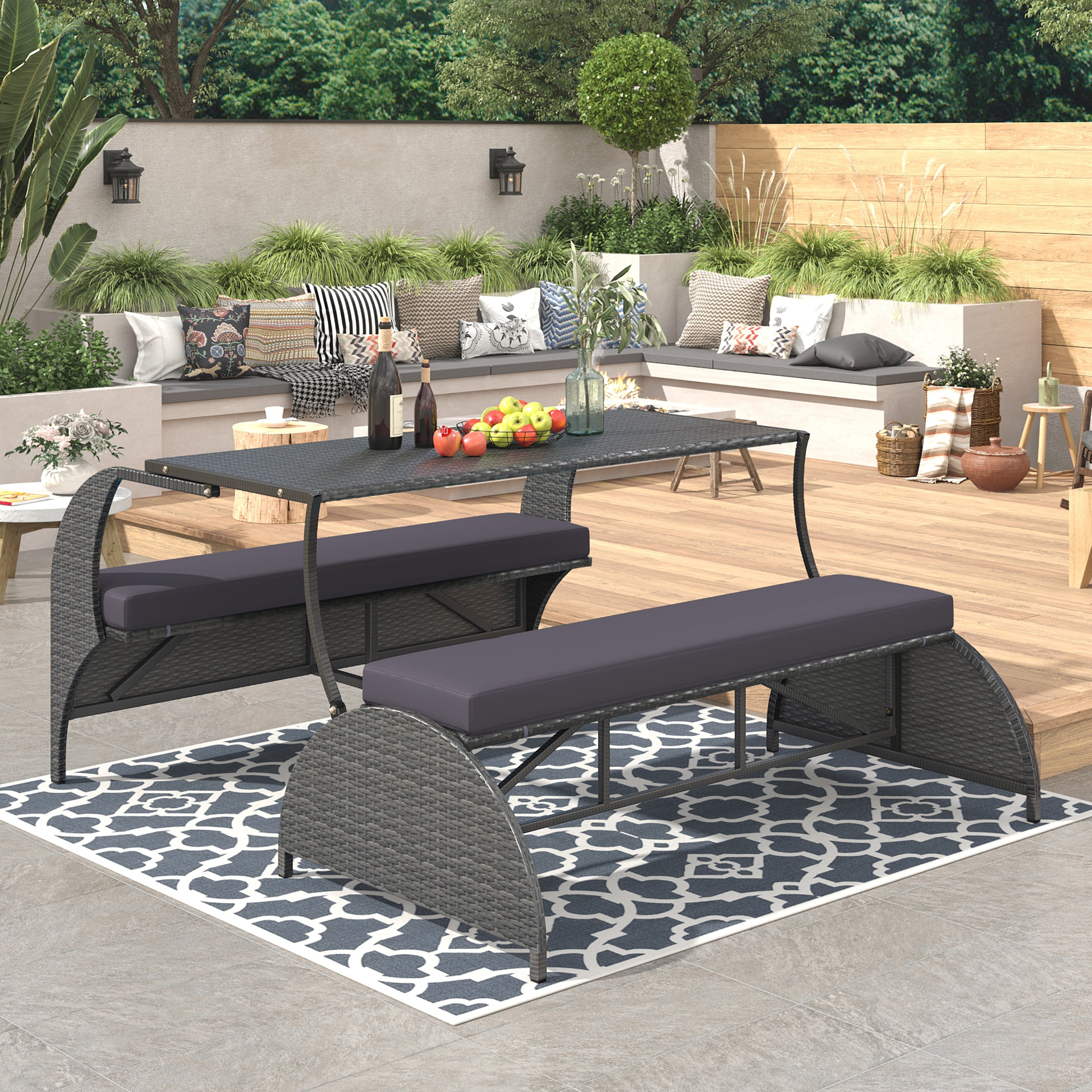 Start2Finish outdoor loveseat convertible to four seats and table, shown in a garden setting with cushions and metal frame furniture.