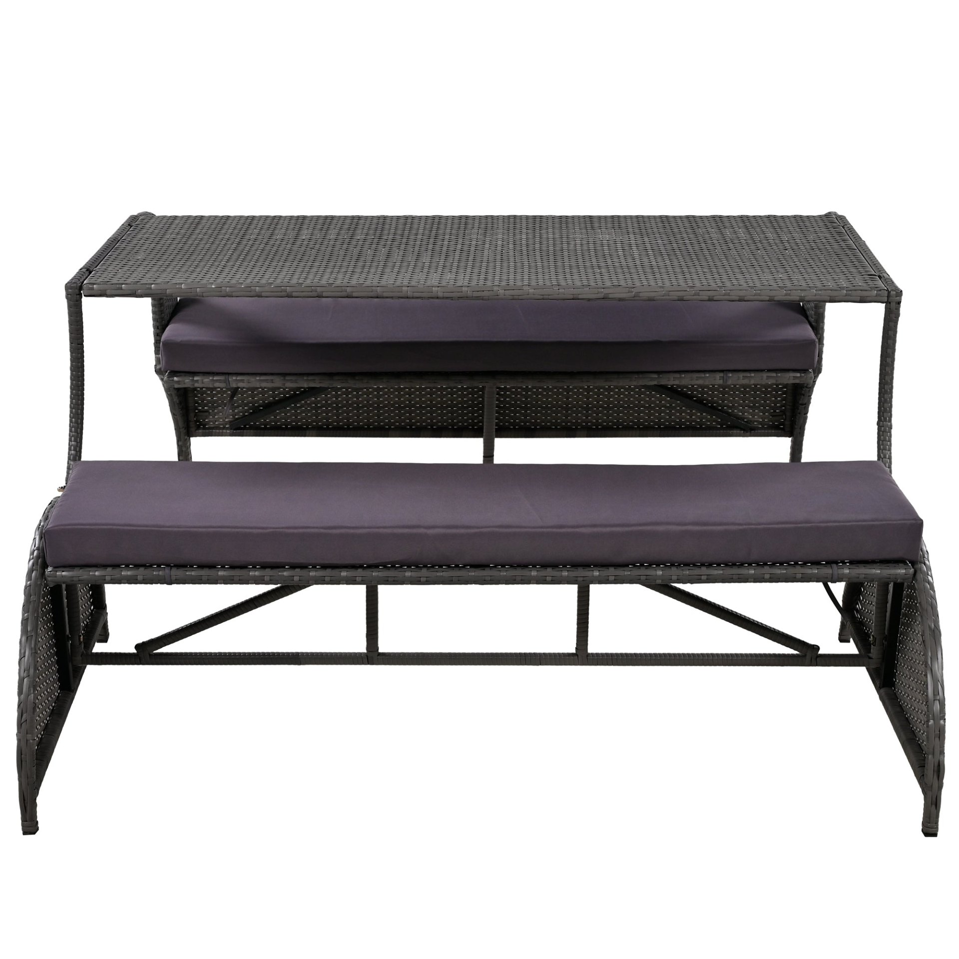Start2Finish outdoor loveseat convertible to four seats and table, showing garden furniture with cushions and sturdy frame.