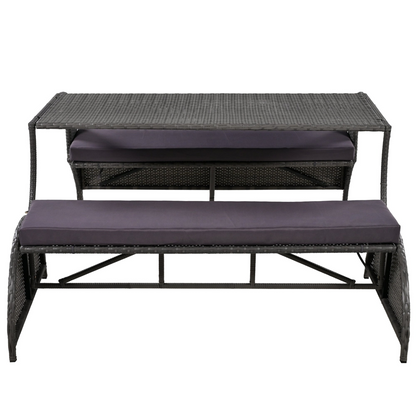Start2Finish outdoor loveseat convertible to four seats and table, showing garden furniture with cushions and sturdy frame.