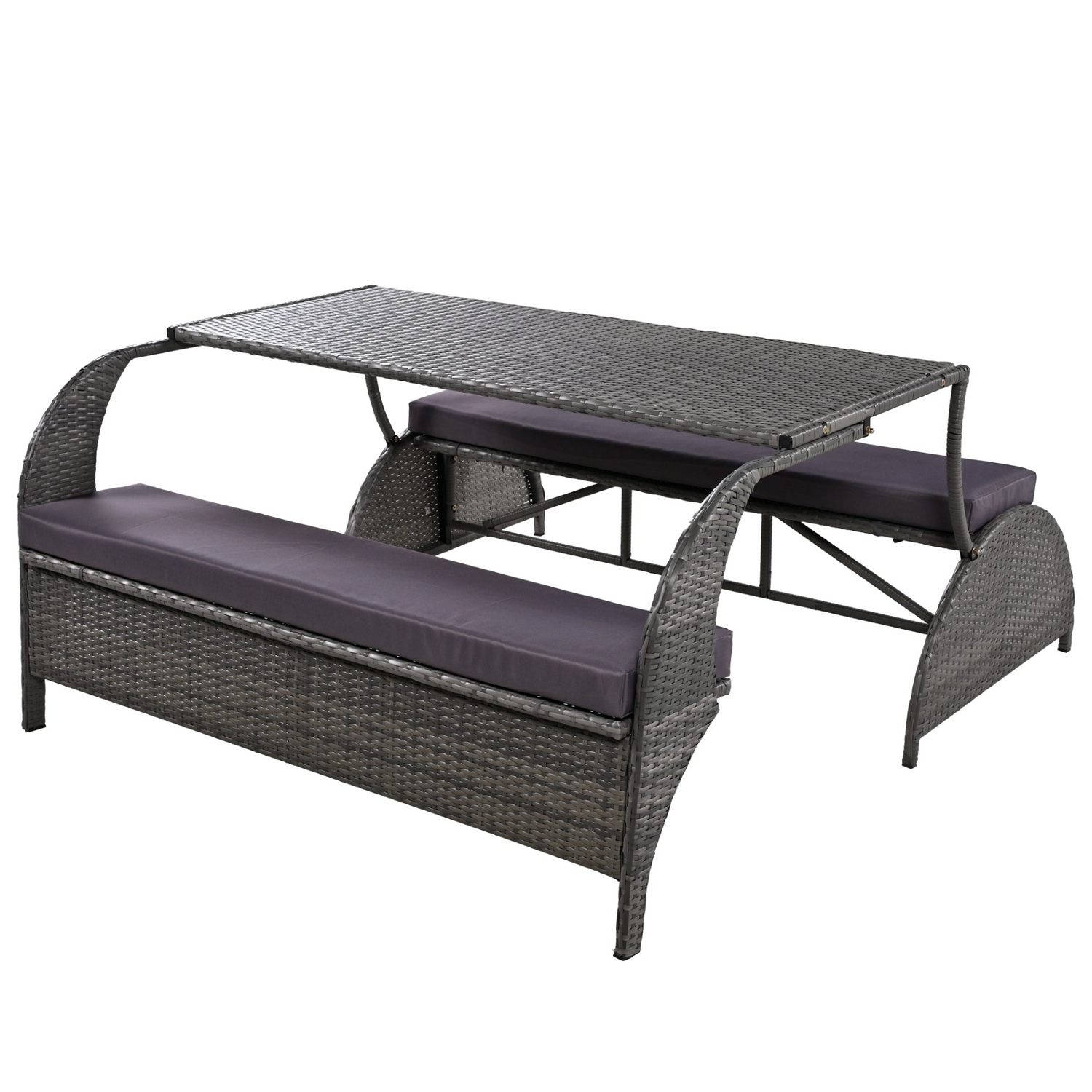 Start2Finish outdoor loveseat convertible to four-seat sofa with table, ideal for gardens and lawns, shown with cushions and outdoor setting.