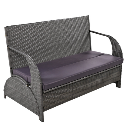 Start2Finish outdoor loveseat convertible to four seats and table, garden furniture with comfortable cushions on a lawn setting.