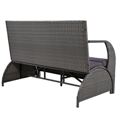 Start2Finish outdoor loveseat convertible to four seats with table, garden furniture for lawns and patios, shown in a garden setting.