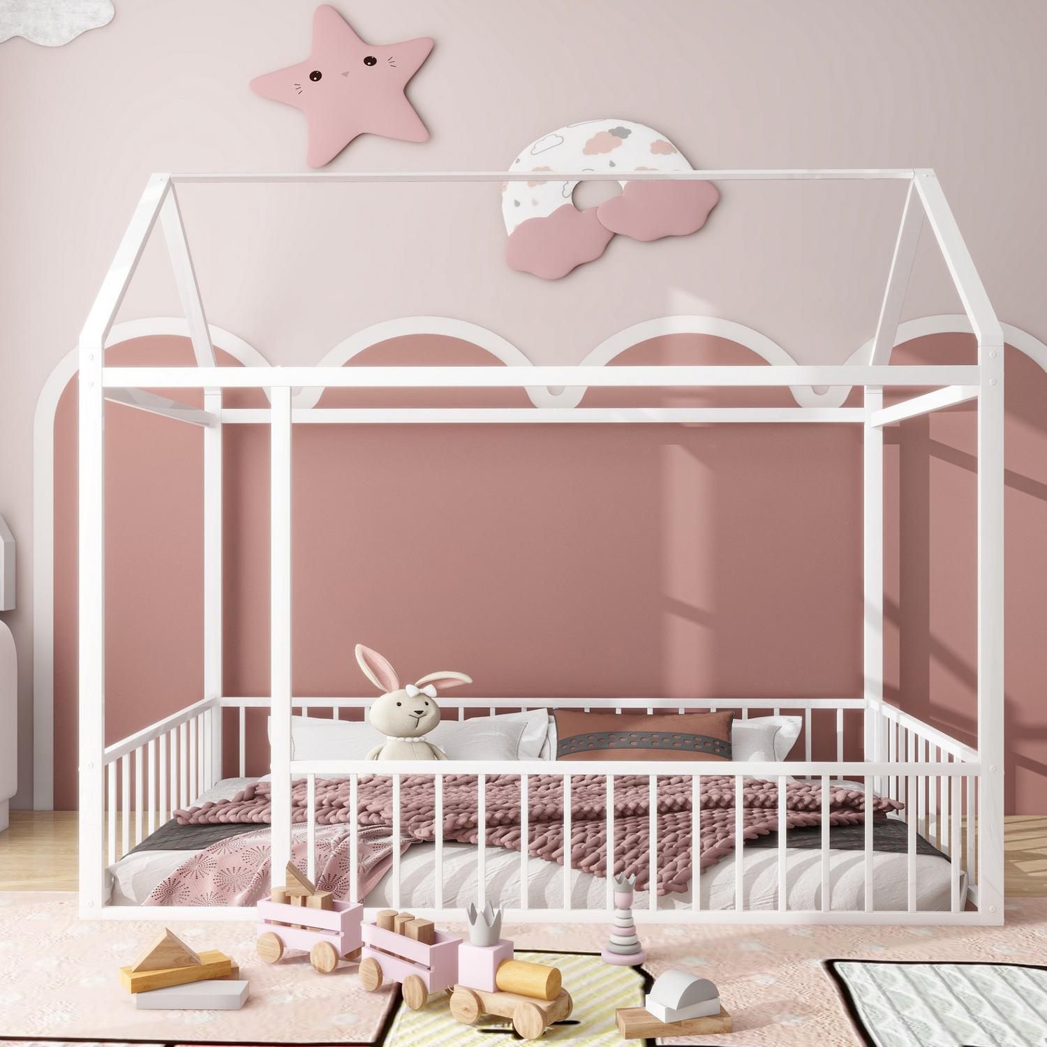 Start2Finish metal house bed frame with fence, sturdy kids&
