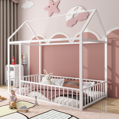 Start2Finish metal house bed frame with fence, sturdy design ideal for kids, teens, girls, and boys, shown in a bedroom setting.