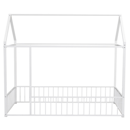 Start2Finish metal house bed frame with fence, sturdy design for kids and teens, shown in a cozy bedroom setting