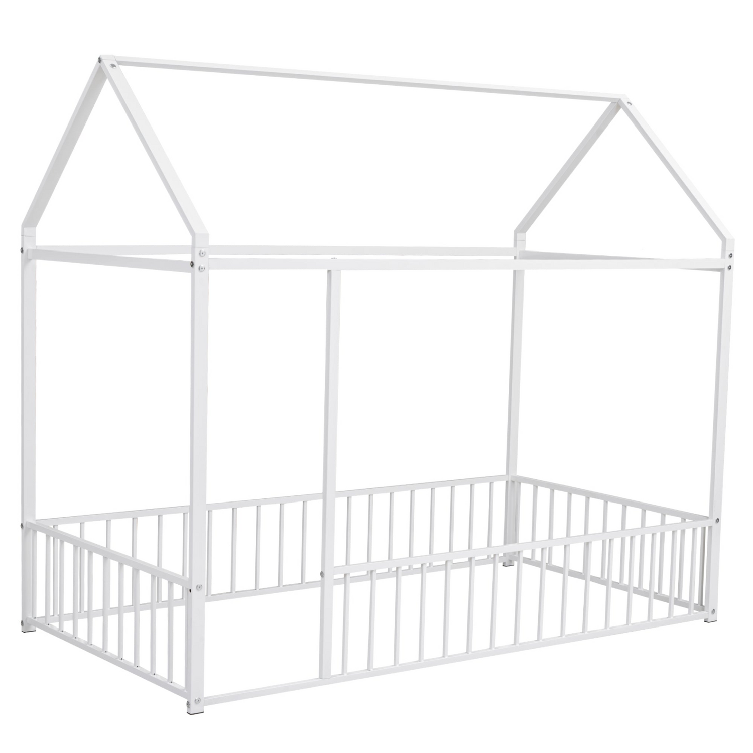 Metal house bed frame by Start2Finish with fence, sturdy design for kids, teens, girls, and boys, shown in a bedroom setting