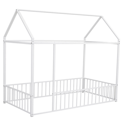 Metal house bed frame by Start2Finish with fence, sturdy design for kids, teens, girls, and boys, shown in a bedroom setting