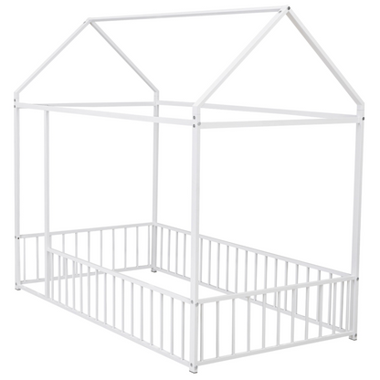 Start2Finish metal house bed frame with fence, sturdy design for kids, teens, girls, and boys, shown in a well-lit bedroom setting.