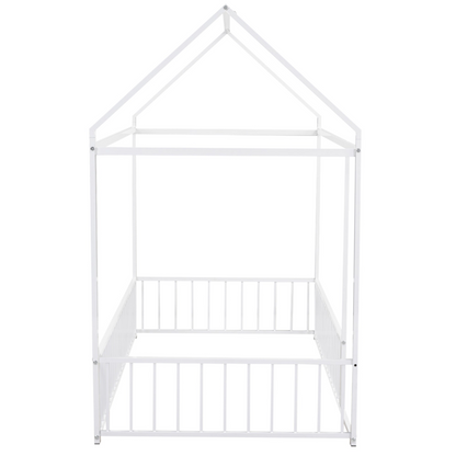 Start2Finish metal house bed frame with fence, sturdy design for kids, teens, girls, and boys, shown in a bedroom setting.