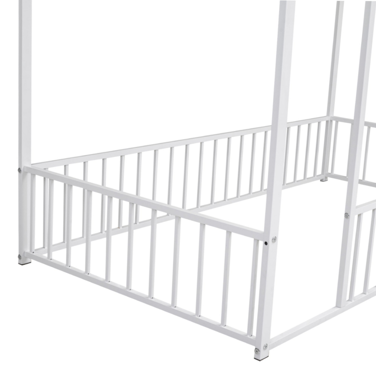 Start2Finish metal house bed frame with fence, sturdy design for kids and teens, featuring a playful house-shaped headboard and safety fence.