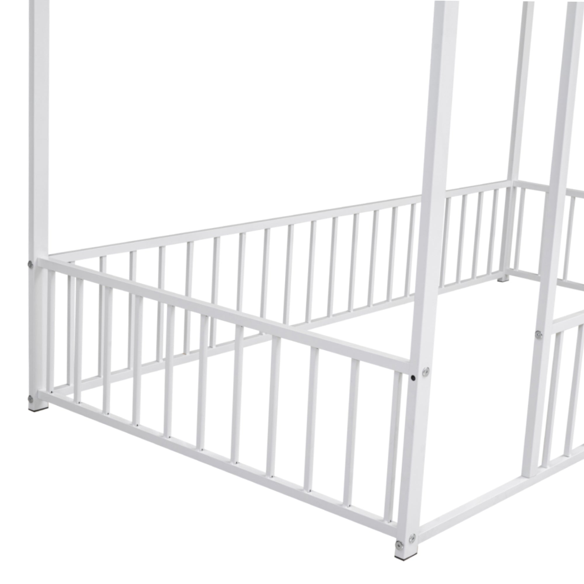 Start2Finish metal house bed frame with fence, sturdy design for kids and teens, featuring a playful house-shaped headboard and safety fence.