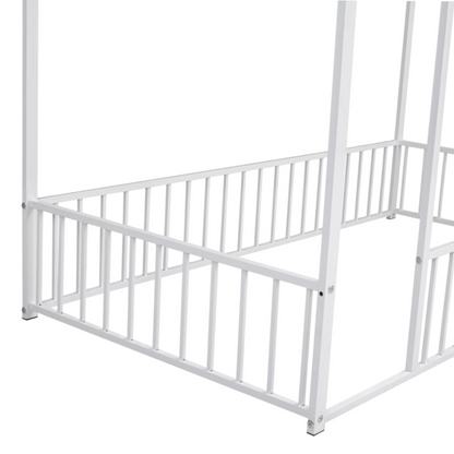 Start2Finish metal house bed frame with fence, sturdy design for kids and teens, featuring a playful house-shaped headboard and safety fence.