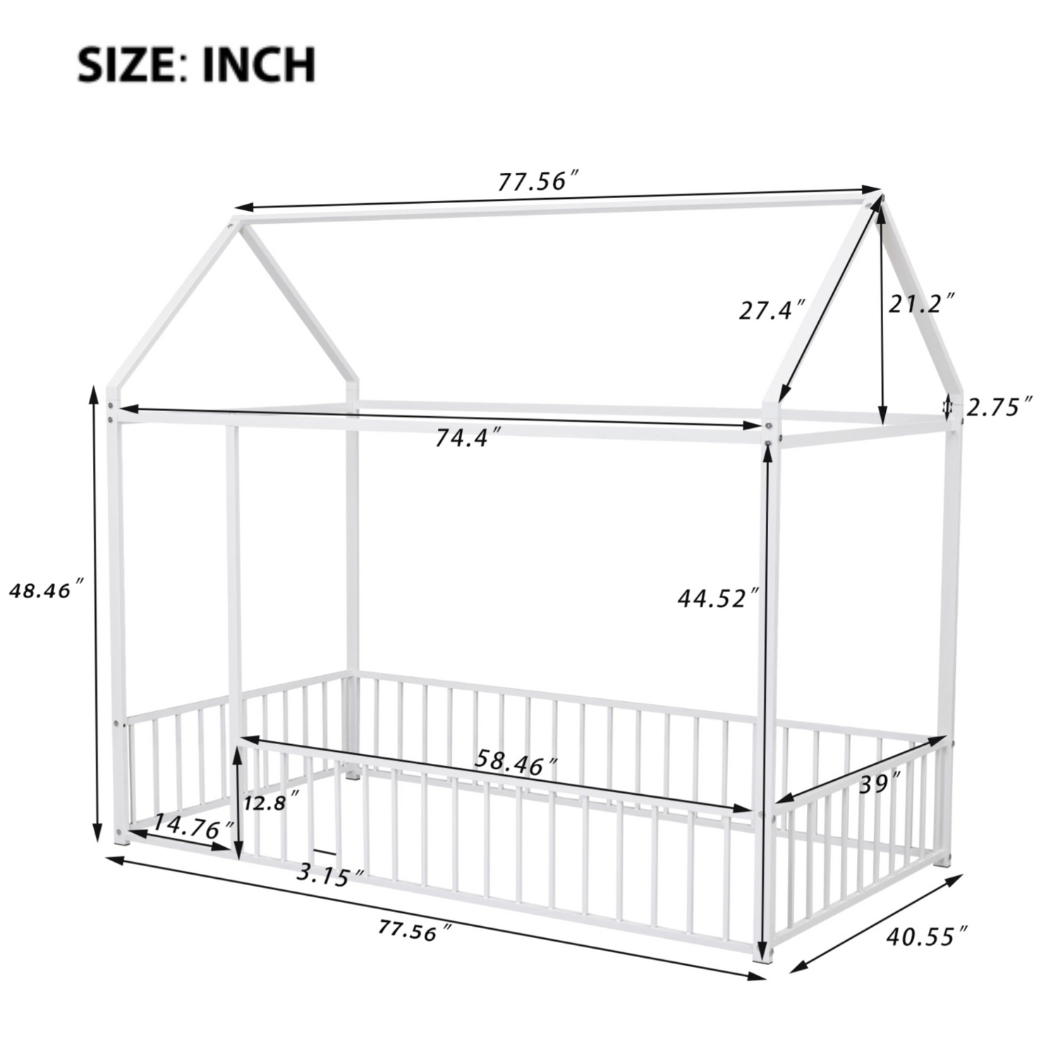Metal house bed frame with fence, sturdy design for kids, teens, girls, and boys, featuring a modern and playful look.