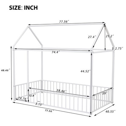 Metal house bed frame with fence, sturdy design for kids, teens, girls, and boys, featuring a modern and playful look.