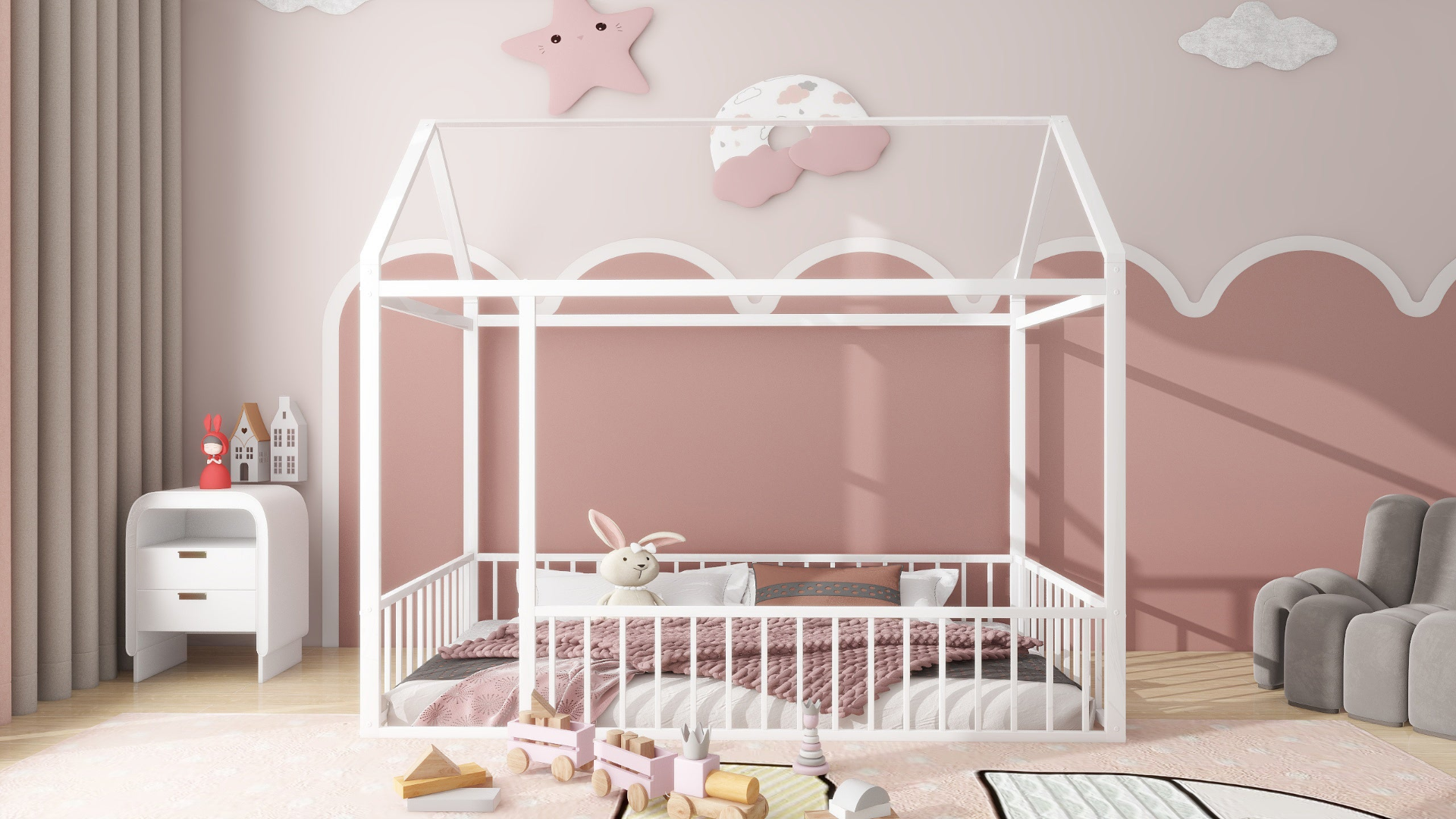 Start2Finish metal house bed frame with fence, sturdy design for kids, teens, girls, and boys, shown with mattress and bedding.