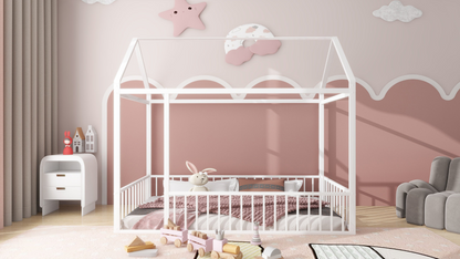 Start2Finish metal house bed frame with fence, sturdy design for kids, teens, girls, and boys, shown with mattress and bedding.