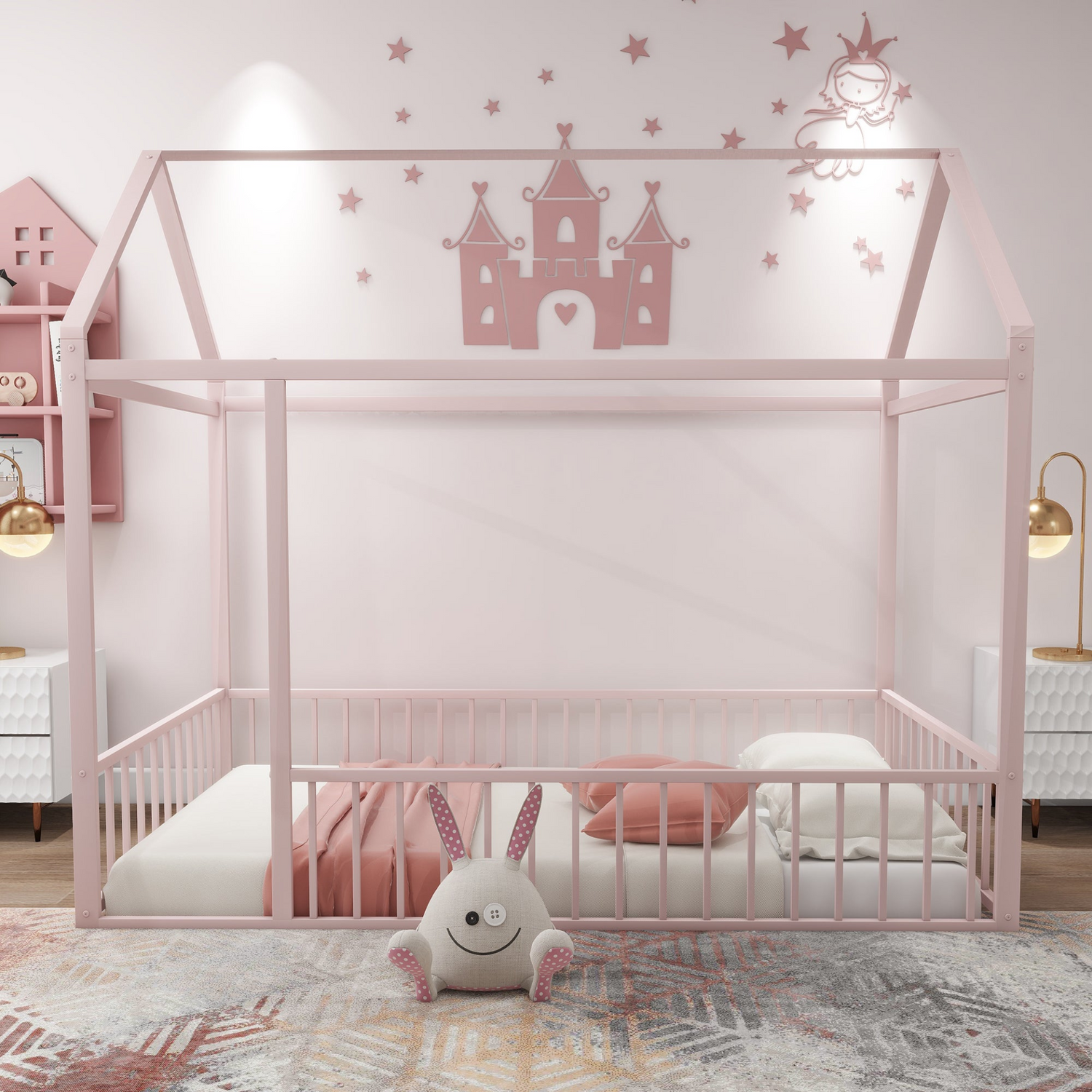 Start2Finish metal house bed frame with fence, sturdy design for kids, teens, girls, and boys in a bedroom setting.