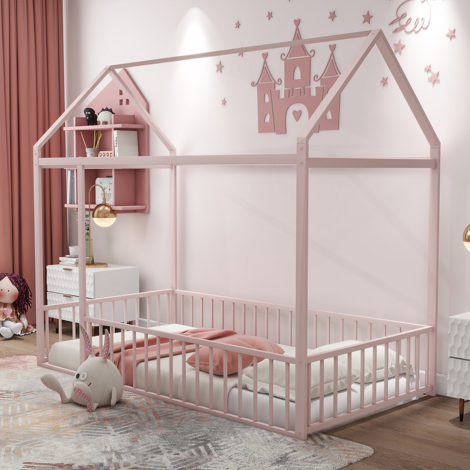Start2Finish metal house bed frame with fence, sturdy design ideal for kids, teens, girls, and boys, shown in a cozy bedroom setting