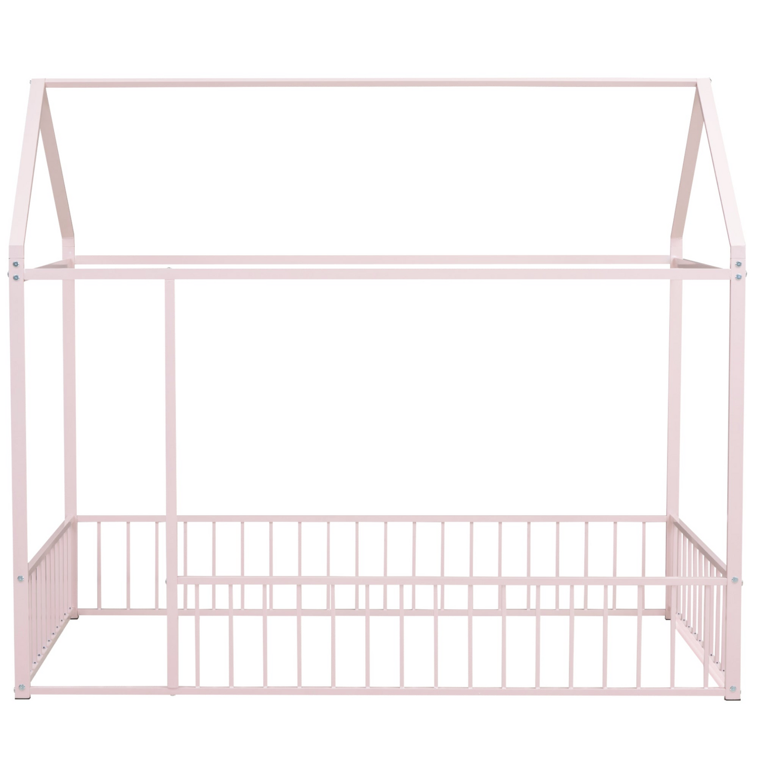 Metal house bed frame with fence, sturdy design for kids and teens, featuring a playful house shape and safe railings.