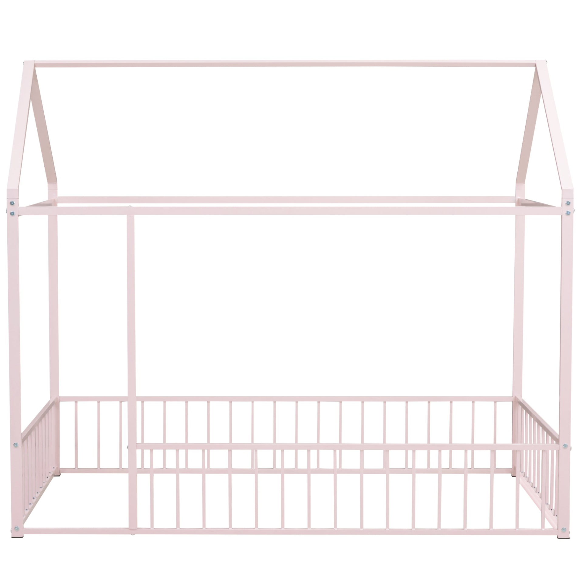 Metal house bed frame with fence, sturdy design for kids and teens, featuring a playful house shape and safe railings.