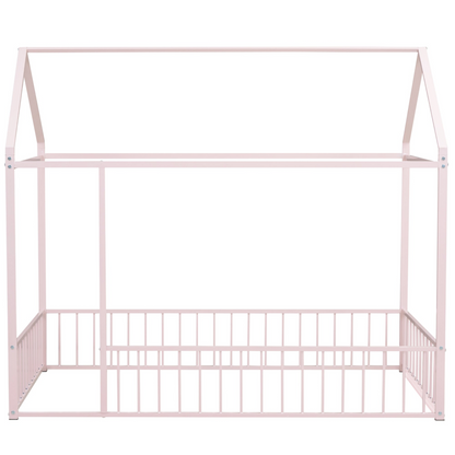 Metal house bed frame with fence, sturdy design for kids and teens, featuring a playful house shape and safe railings.