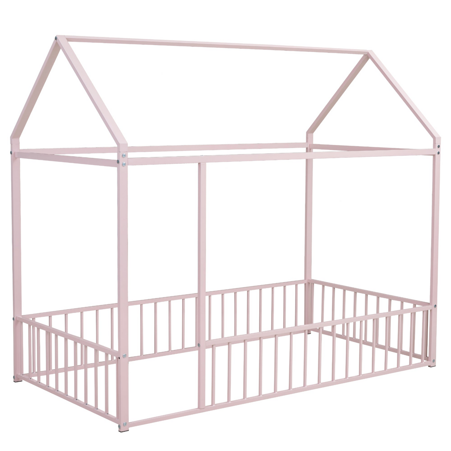 Start2Finish metal house bed frame with fence, sturdy design for kids, teens, girls, and boys, featuring a playful house shape.