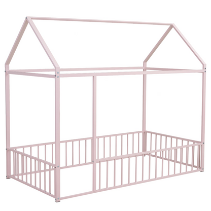 Start2Finish metal house bed frame with fence, sturdy design for kids, teens, girls, and boys, featuring a playful house shape.