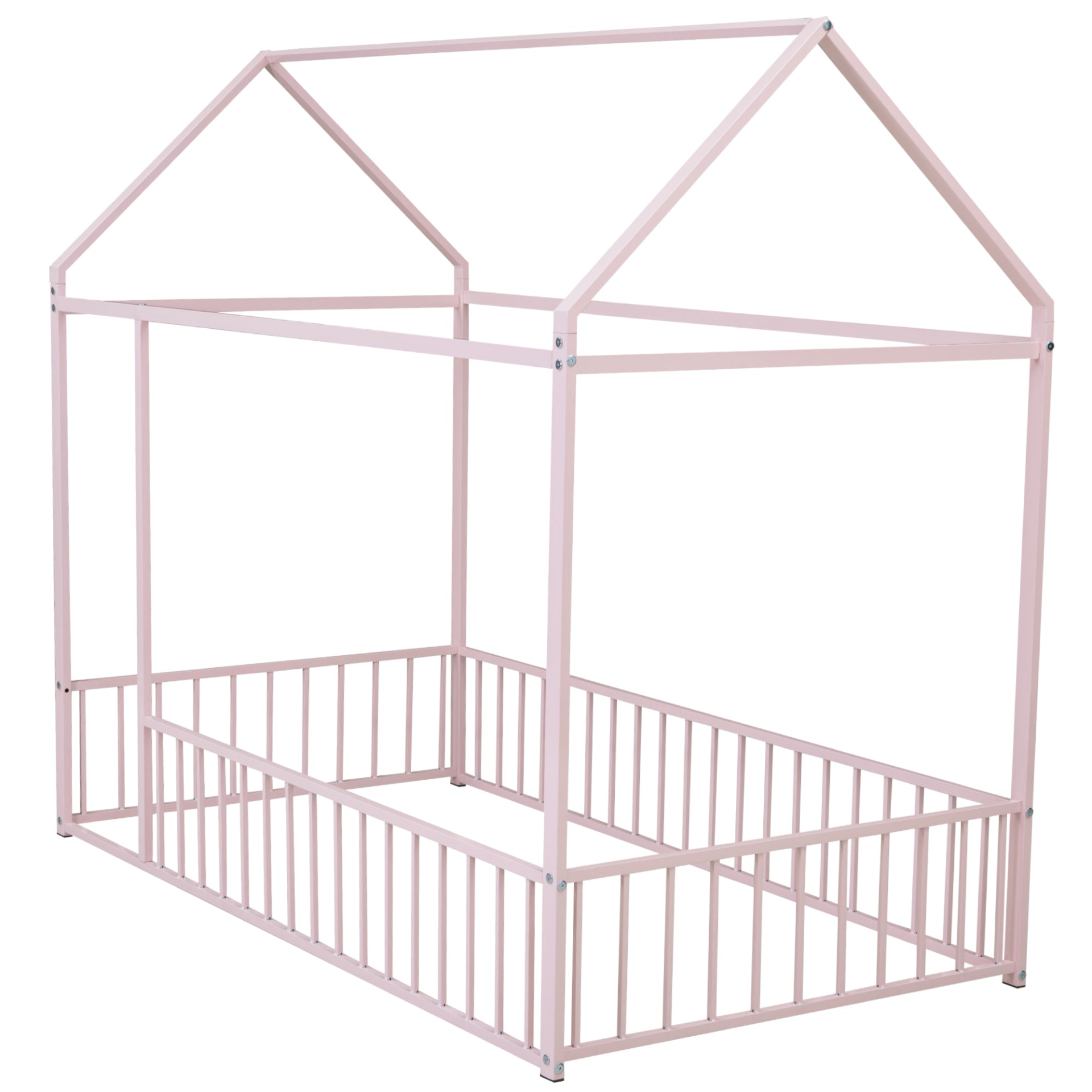 Start2Finish metal house bed frame with fence, sturdy design for kids and teens, featuring a playful house shape in soft-colored metal.