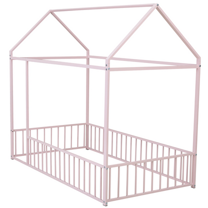 Start2Finish metal house bed frame with fence, sturdy design for kids and teens, featuring a playful house shape in soft-colored metal.